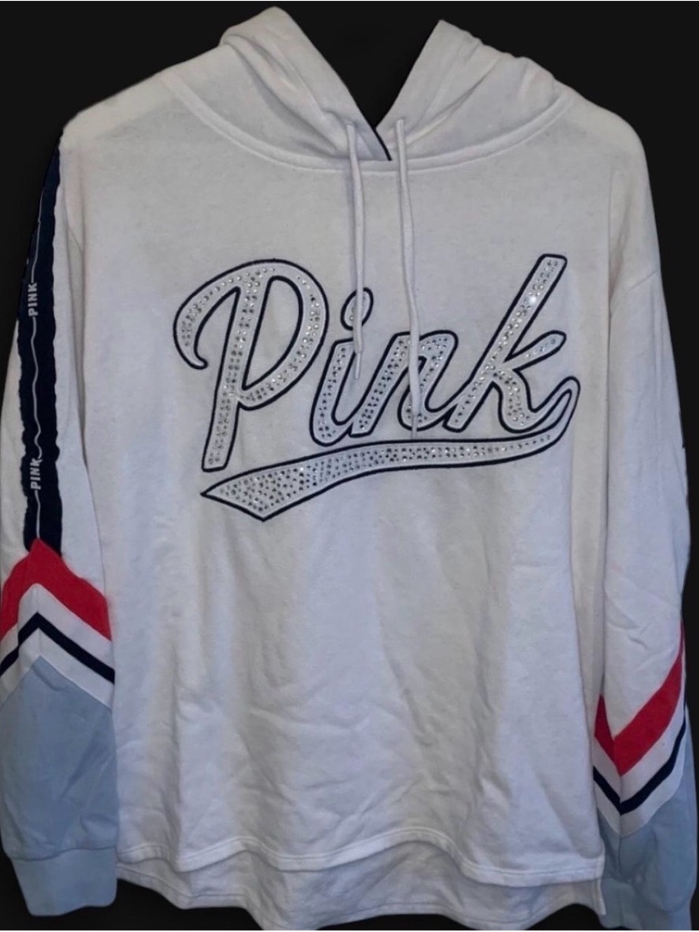 PINK Victoria's Secret White Hoodie Sweater shirt rhinestone embroidered M 2000s
